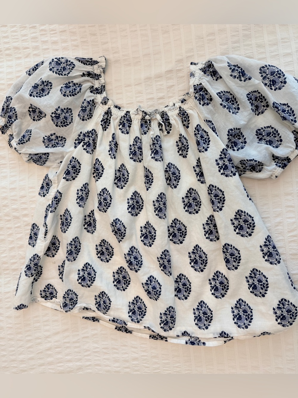 Crewcuts White Peasant Blouse with Navy Block Print. Size:10-11